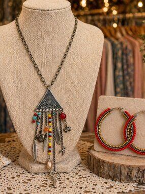 Eclectic Artisan Beaded Charm Necklace & Hoop Earring Set Coastal Chic